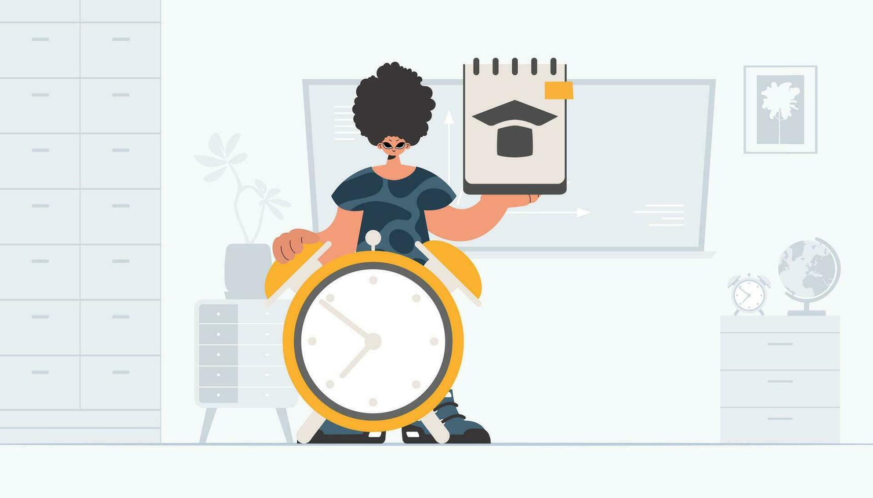 Person with curiously and caution clock, learning subject. Trendy style, Vector Illustration