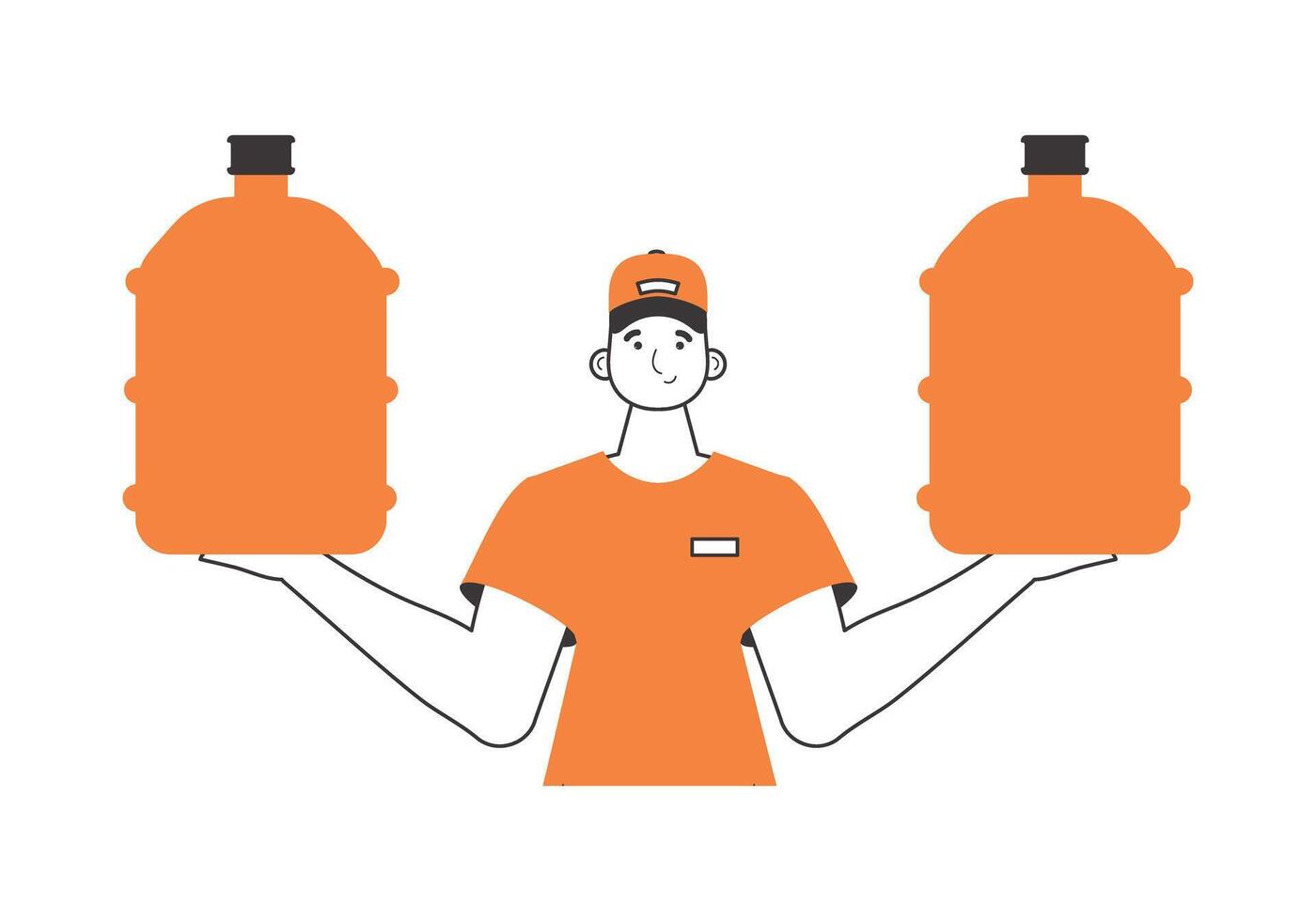 Water delivery concept. A man holds a bottle of water in his hands. Lineart style. vector