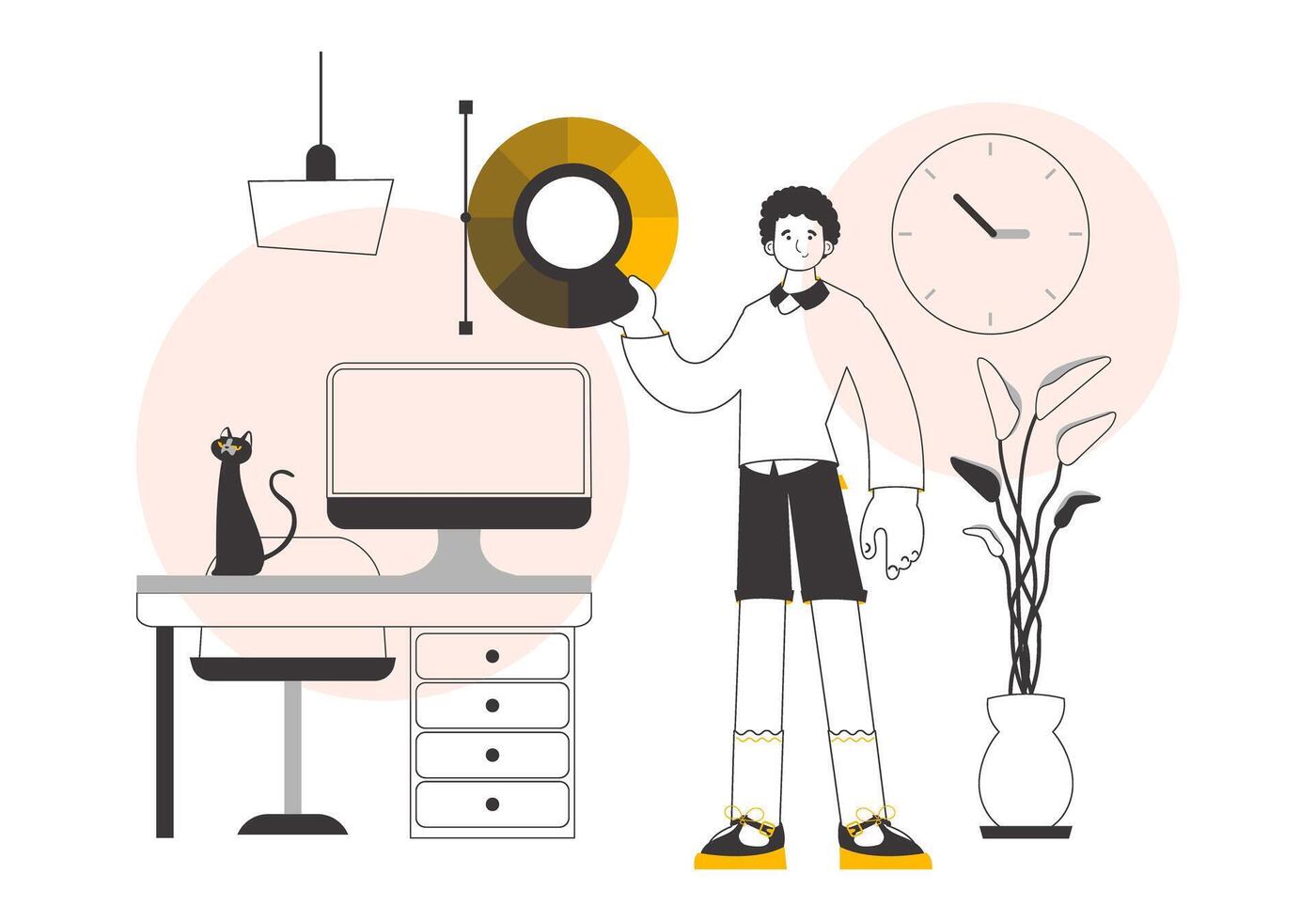 The designer guy holds a color wheel in his hands. Lines modern style. Vector. vector