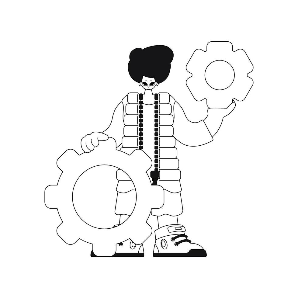 He's gripping various gears, in straightline formation, depicted with a vector image.