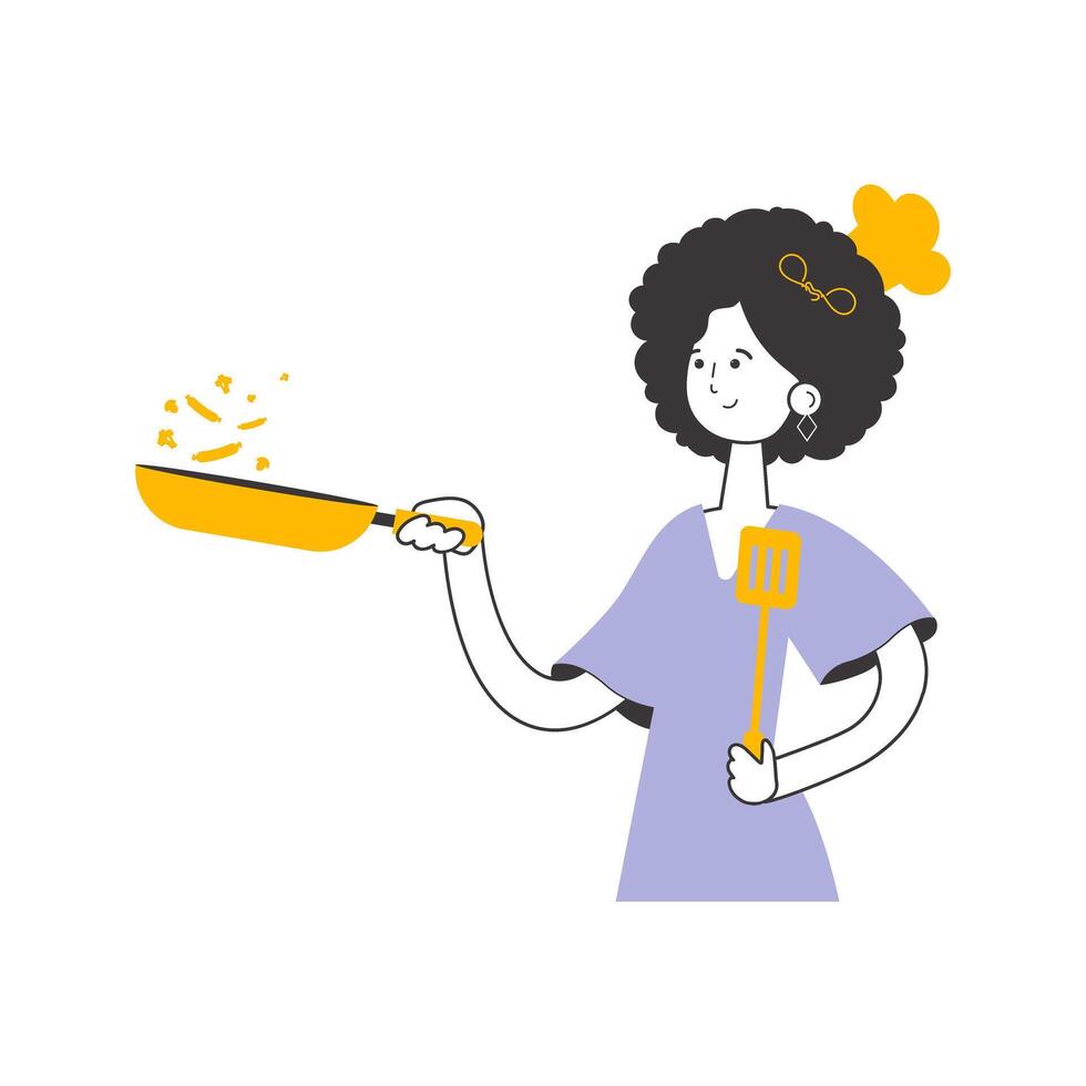 The girl the cook holds a frying pan. Linear style. Isolated. Vector. vector