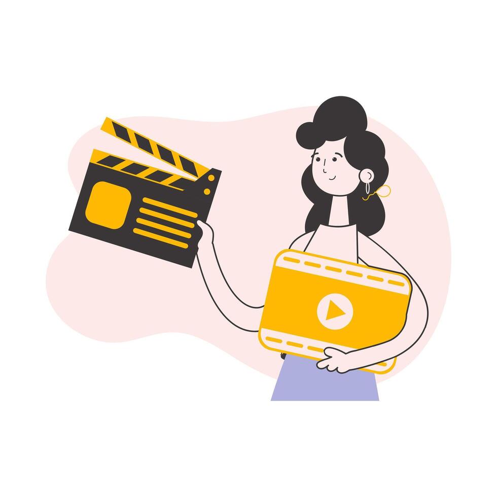 Girl blogger. The concept of social networking. Line art trendy style. Isolated. Vector illustration.