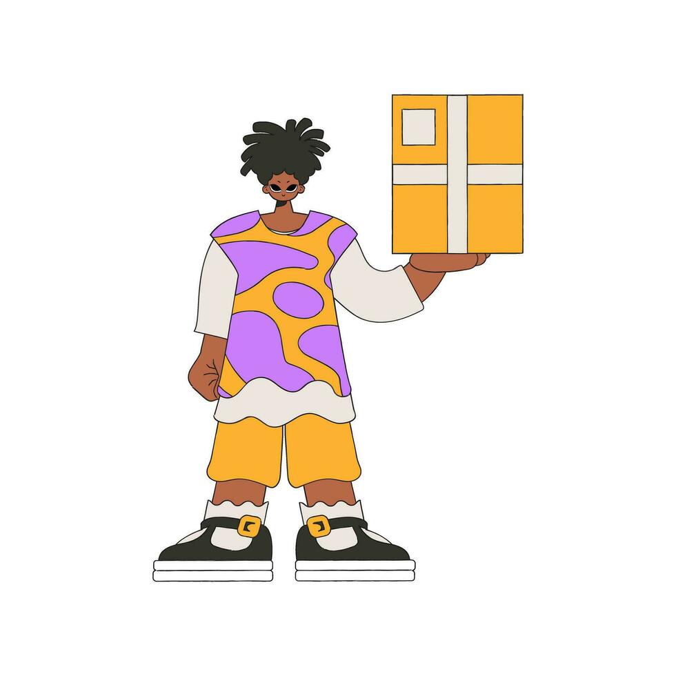 Delightful man holding a box in his hands. Parcel and cargo transportation. vector