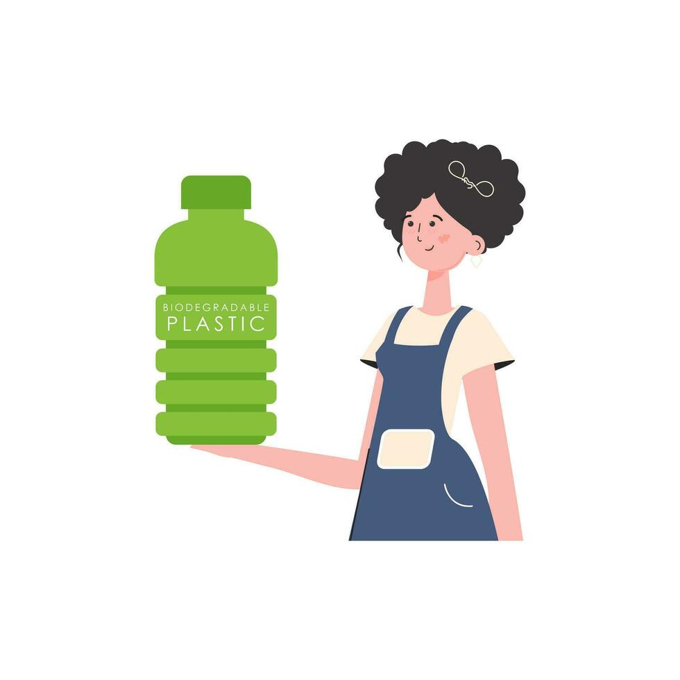 A woman holds a bottle made of biodegradable plastic in her hands. Concept of green world and ecology. Isolated on white background. Fashion trend illustration in Vector. vector