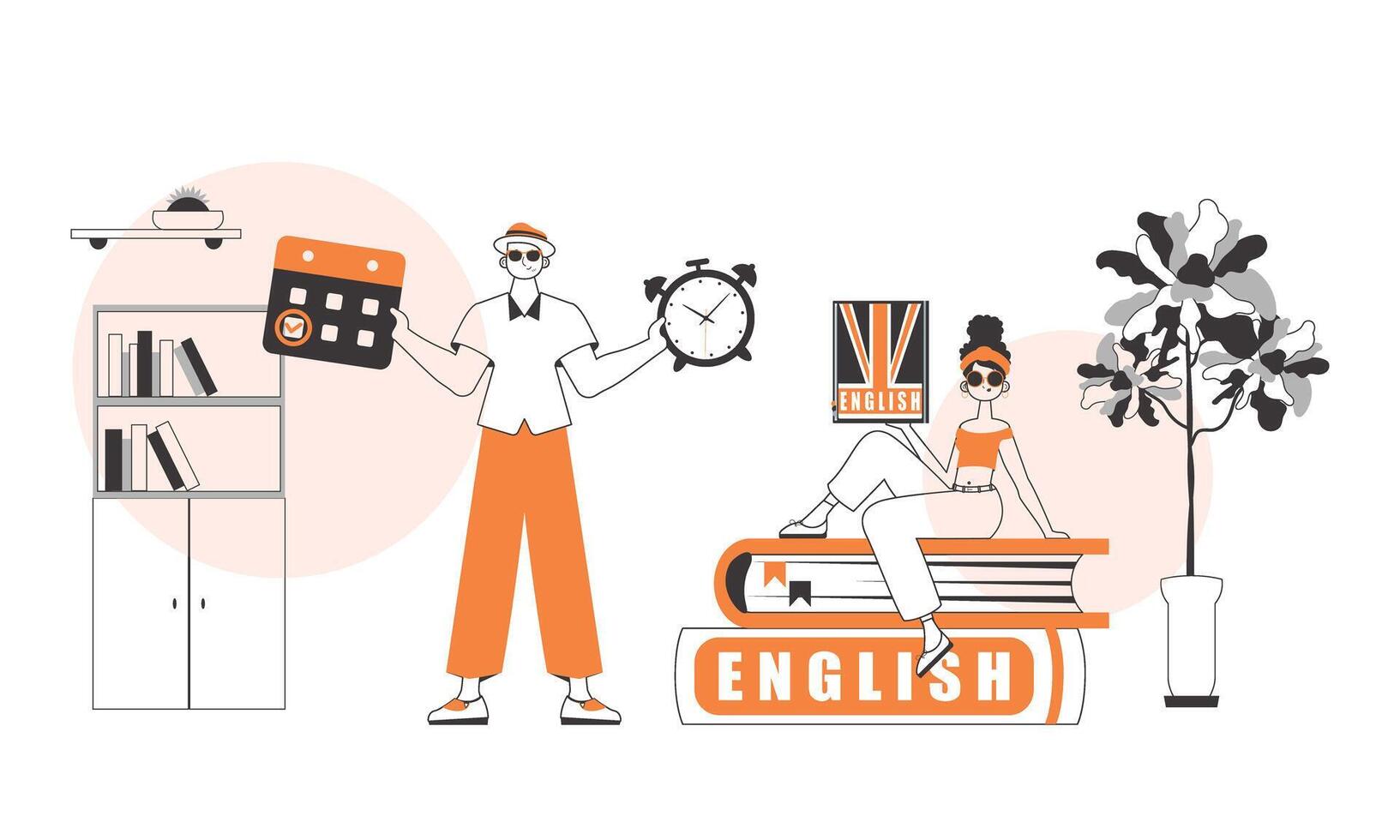 The team helps teach English. The concept of learning a foreign language. Lineart modern style. vector