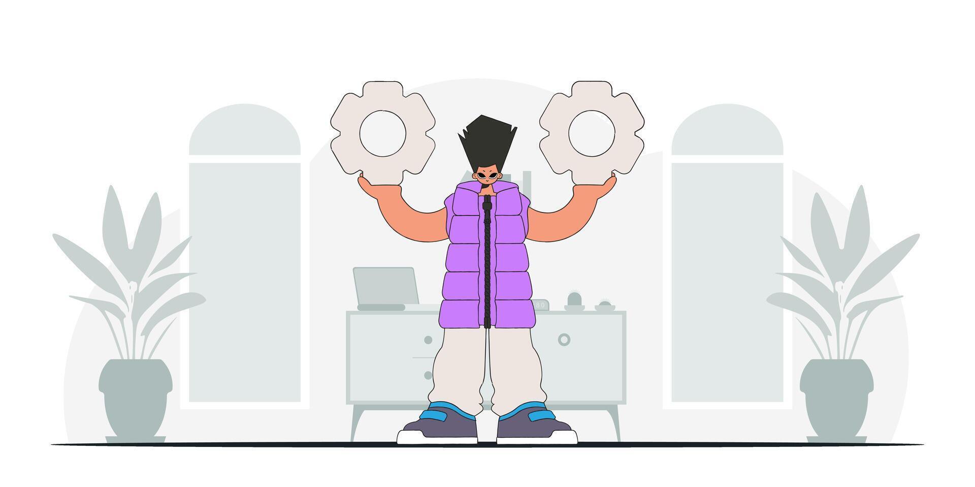 Handsome guy holding gears. Idea theme. Retro trendy style. vector