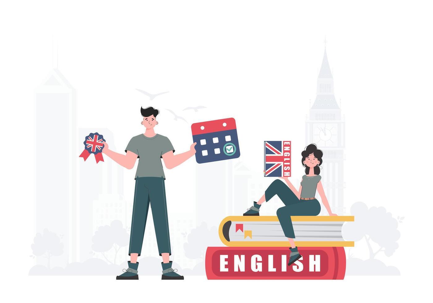 The concept of learning English. Man and woman English teacher. Flat modern style. Vector illustration.