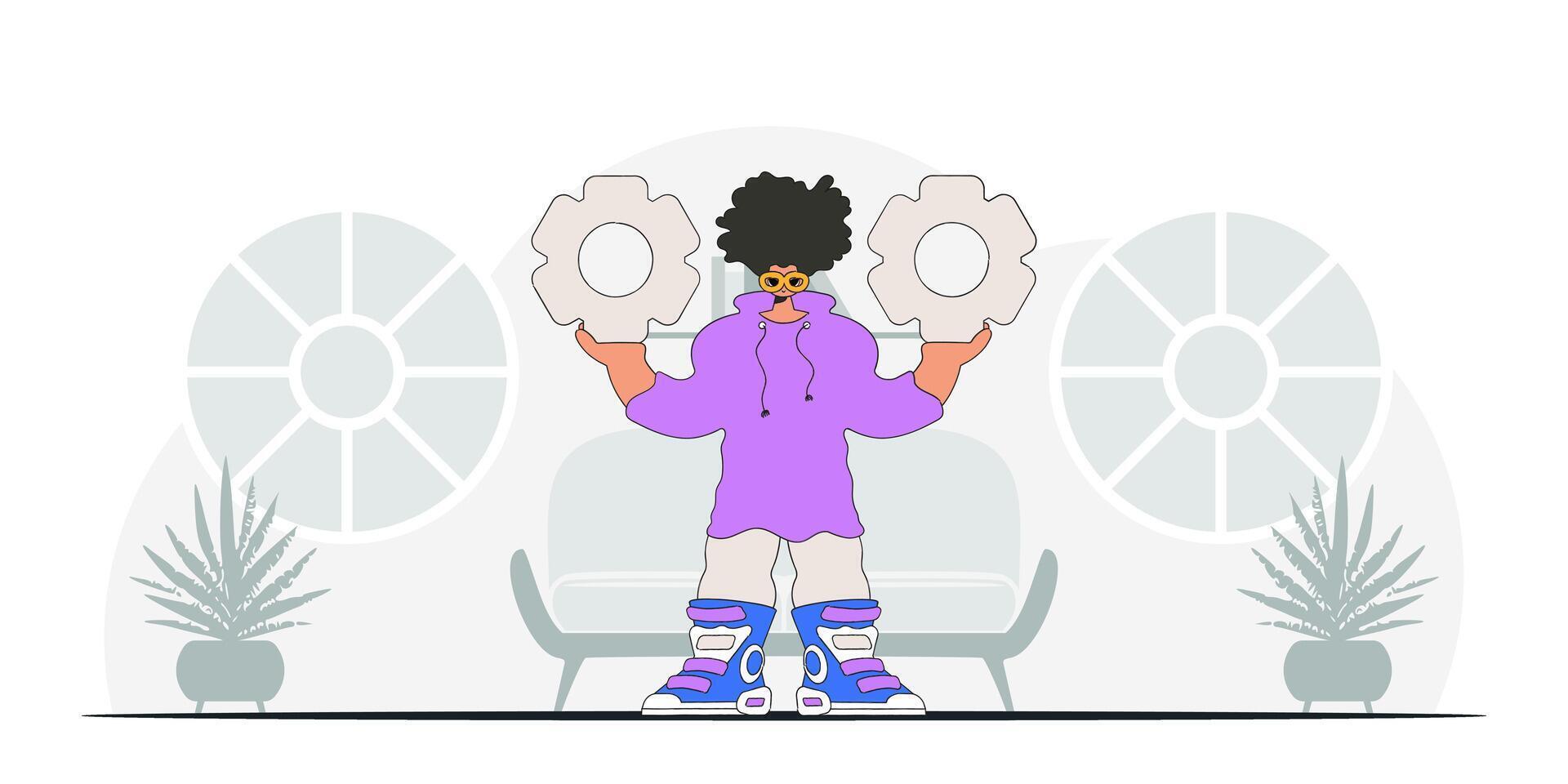 Stylish guy holds gears in his hands. Illustration on the theme of the appearance of an idea. vector