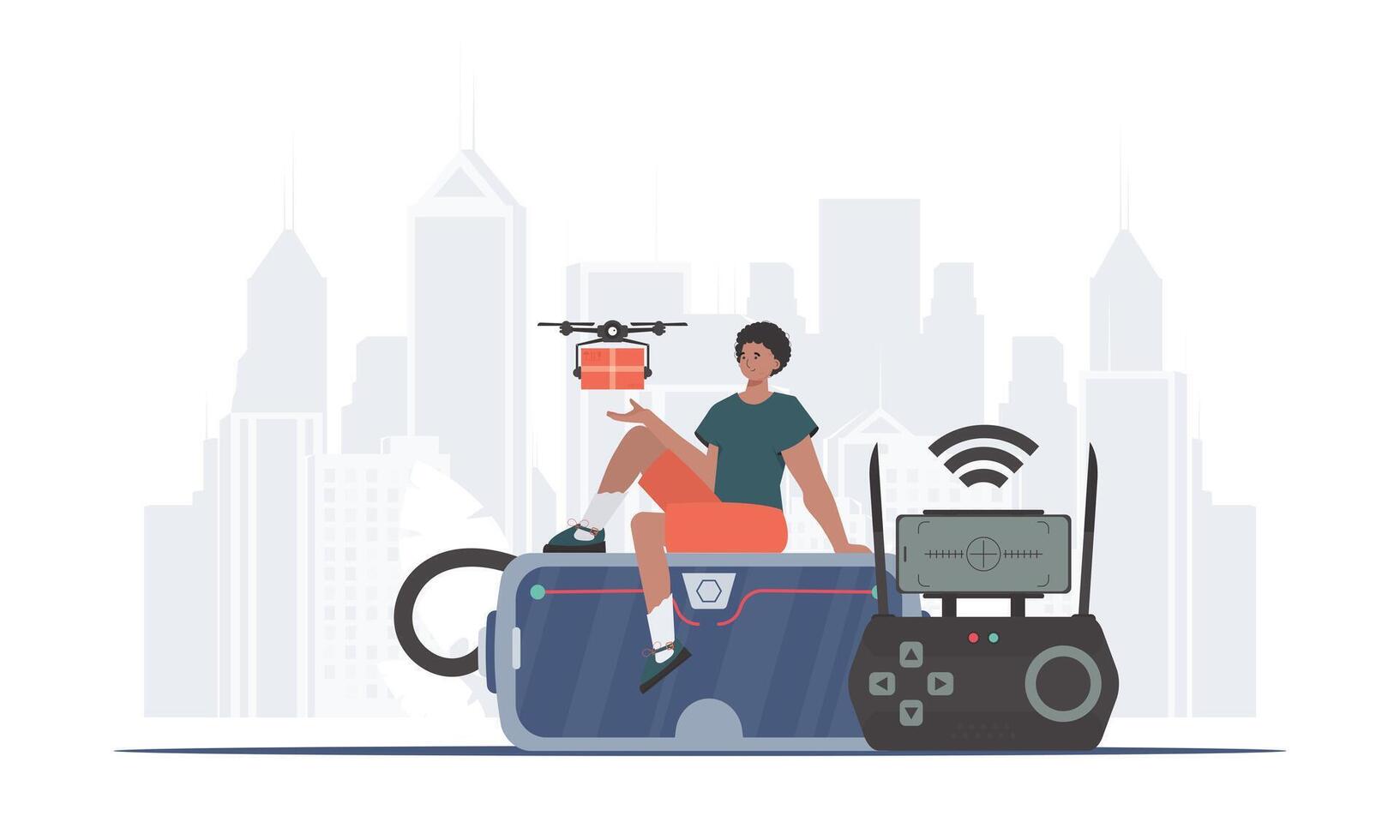 A man controls a drone with a package. The concept of cargo delivery by air. Flat modern design. . vector