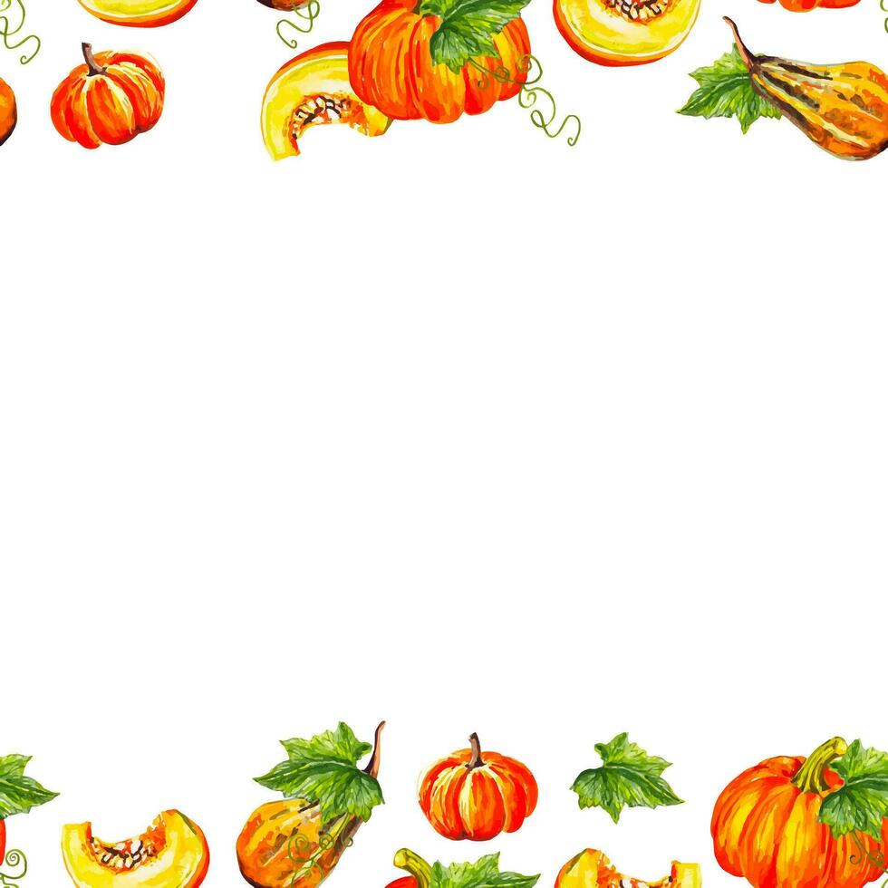 Autumn harvest market seamless frame with watercolor pumpkins vector