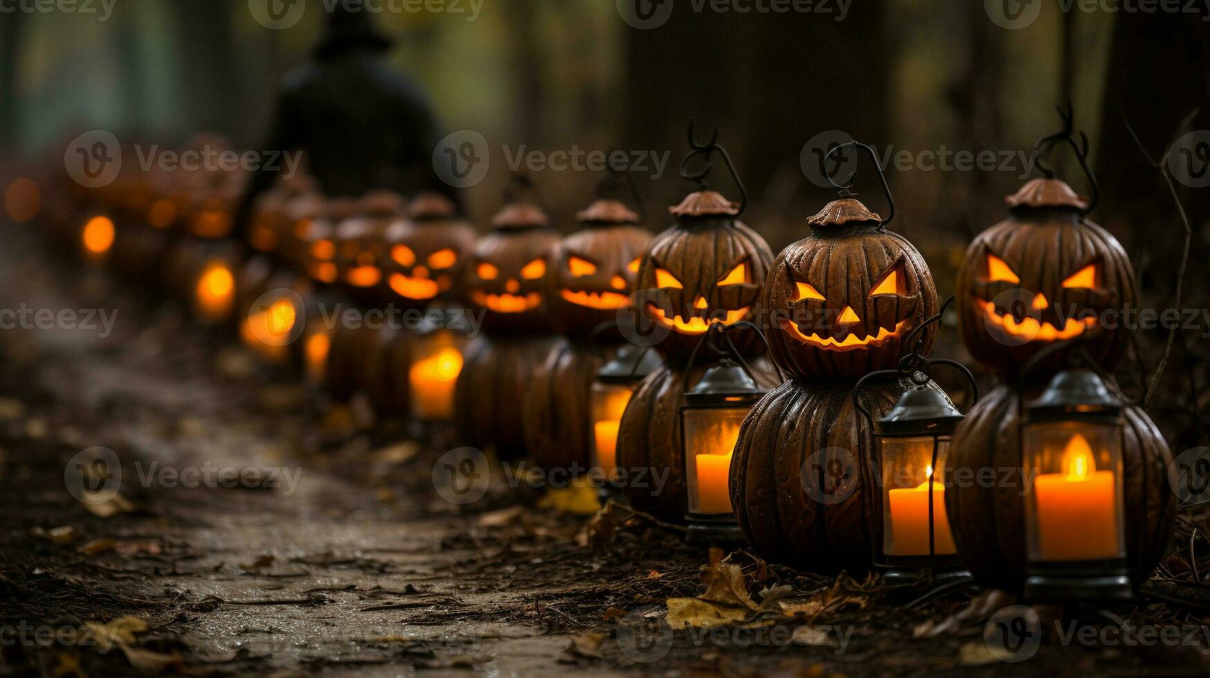 Jack-o'-Lanterns in a Spooky Forest, Generative AI photo