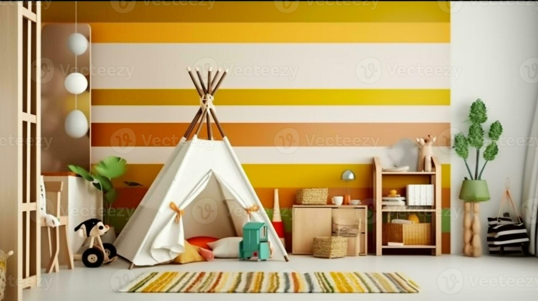 aventurero refugio juguetón y vistoso niño habitación, generativo ai foto