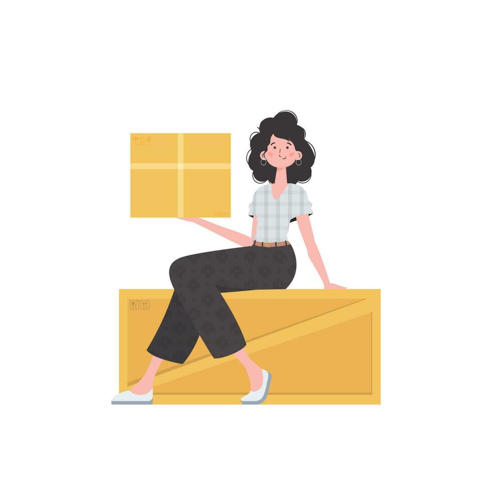 un mujer es sentado y participación un parcela. entrega concepto. aislado. plano moderno diseño. vector. vector