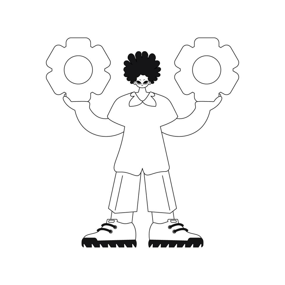 He grips gears in his grasp. Illustration done in format. vector