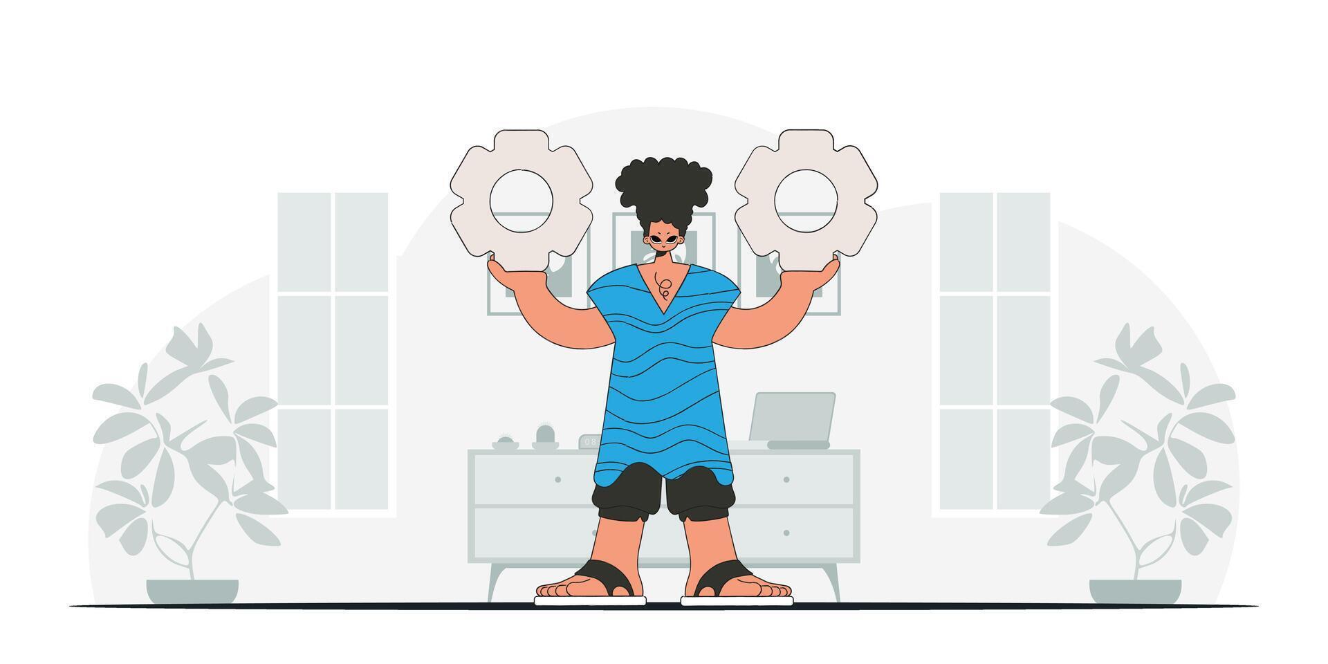 A handsome guy holds gears in his hands. Idea concept. trendy character. vector