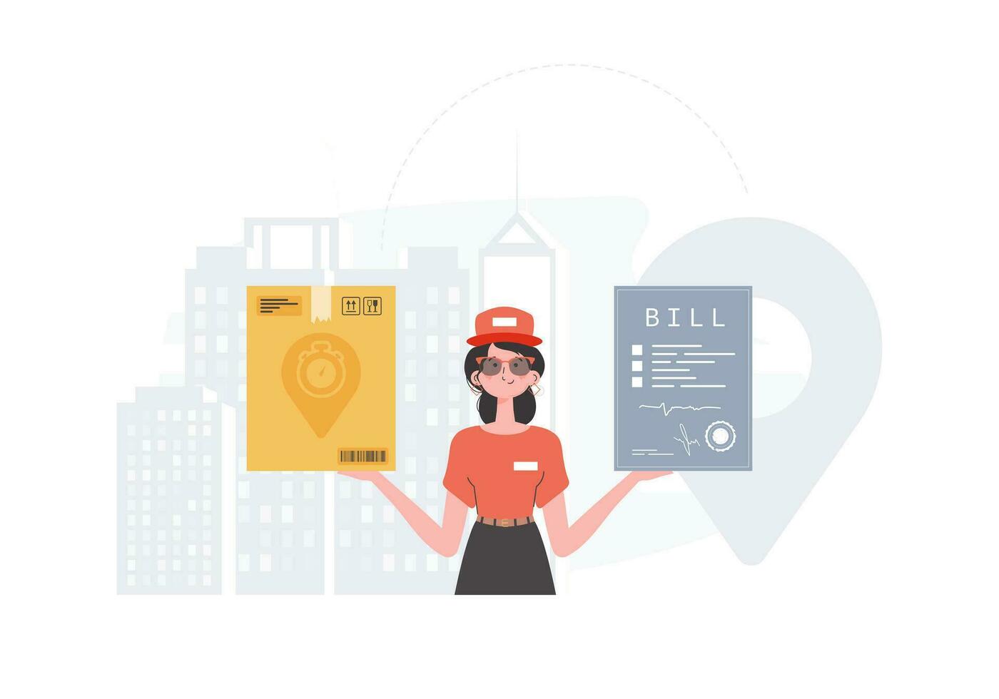 Home delivery concept. Woman courier delivers a parcel and issues an invoice. Trendy flat style. Vector. vector