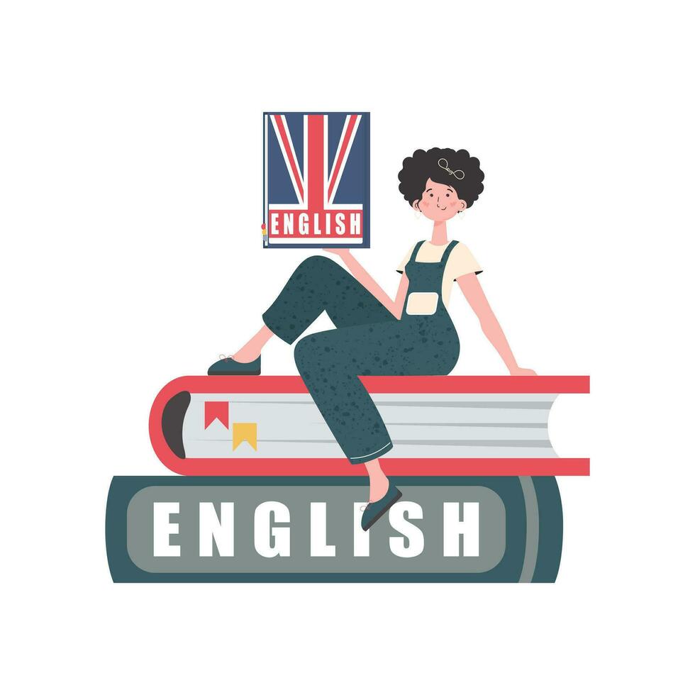 un mujer se sienta en libros y sostiene un Inglés diccionario en su manos. el concepto de aprendizaje inglés. aislado. de moda plano estilo. vector ilustración.