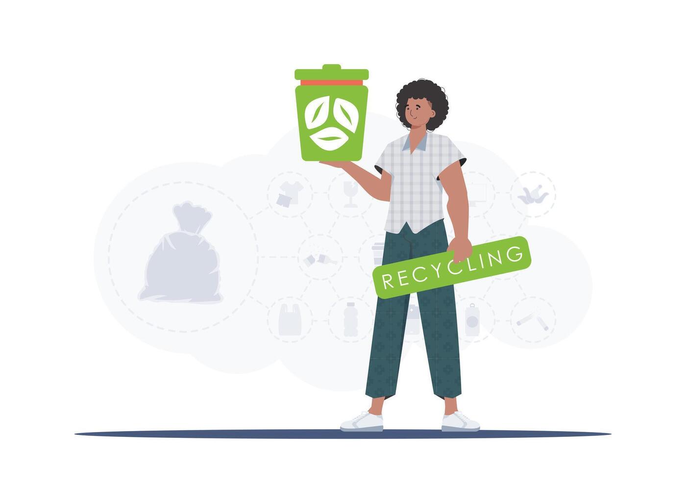 The concept of recycling and zero waste. A man holds a trash can in his hands. Trendy character style. Vetcor. vector