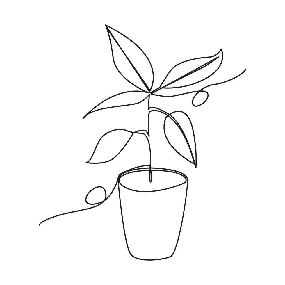 One line illustration design plant with pot icon vector