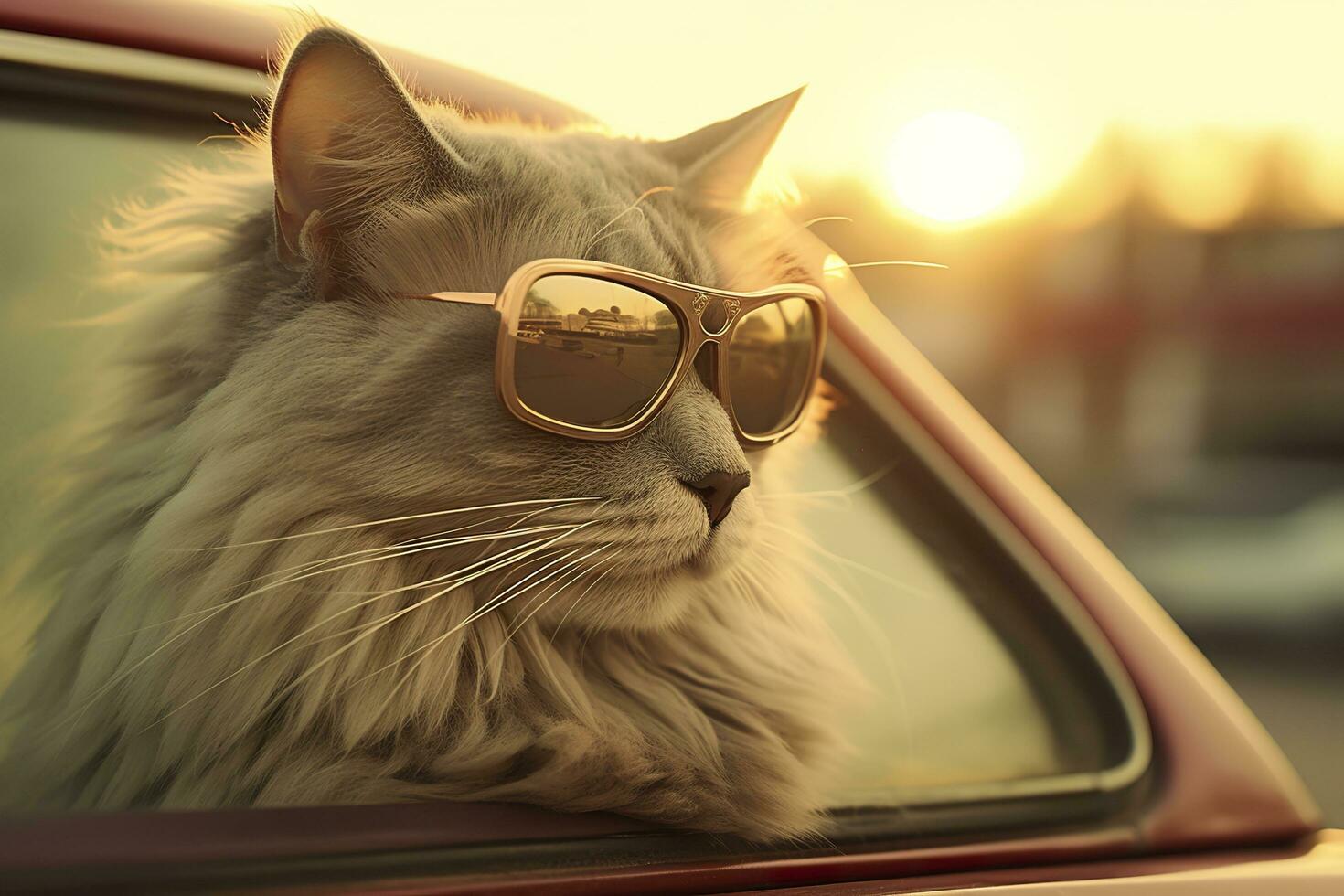 Capture a dreamy reflection by photographing a cat wearing sunglasses with a vintage Leica M6, highlighting the texture and contrast of an old timer car. AI Generative photo