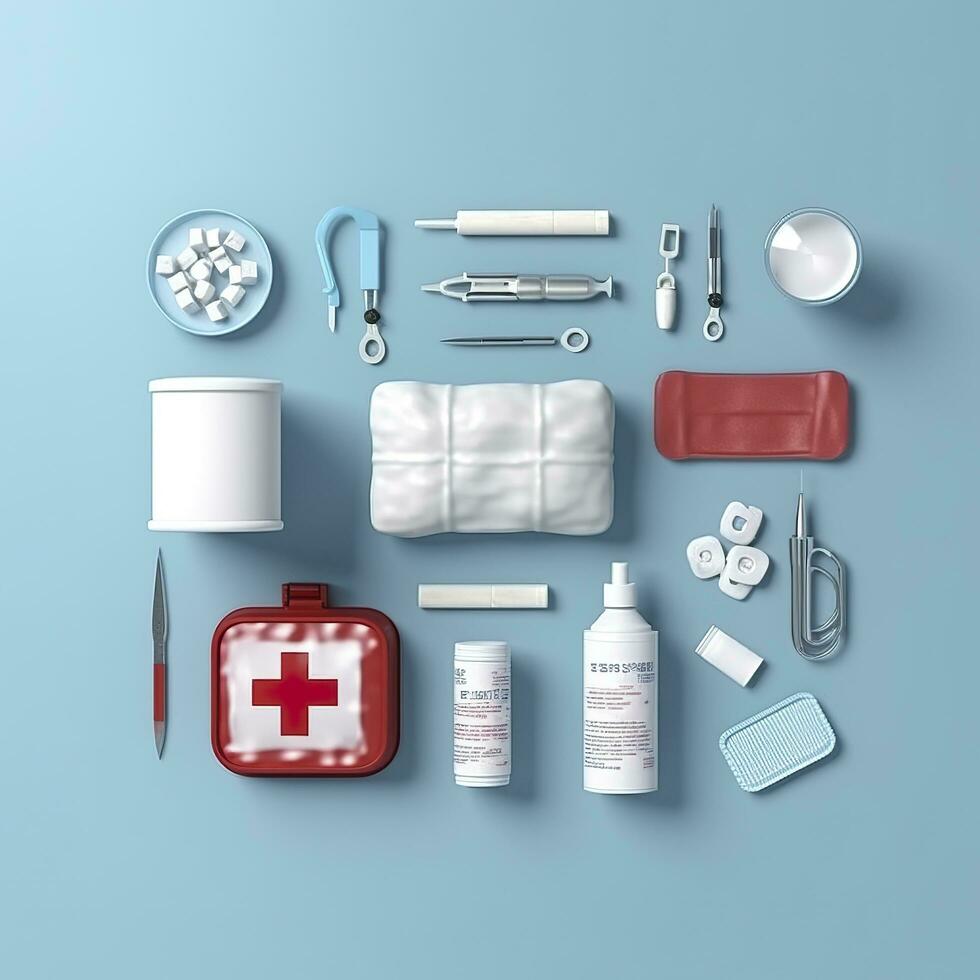 First aid kit top view on a blue background. Pills, plaster, thermometer, bandage, are laid out nearby, 3d render, AI Generative photo