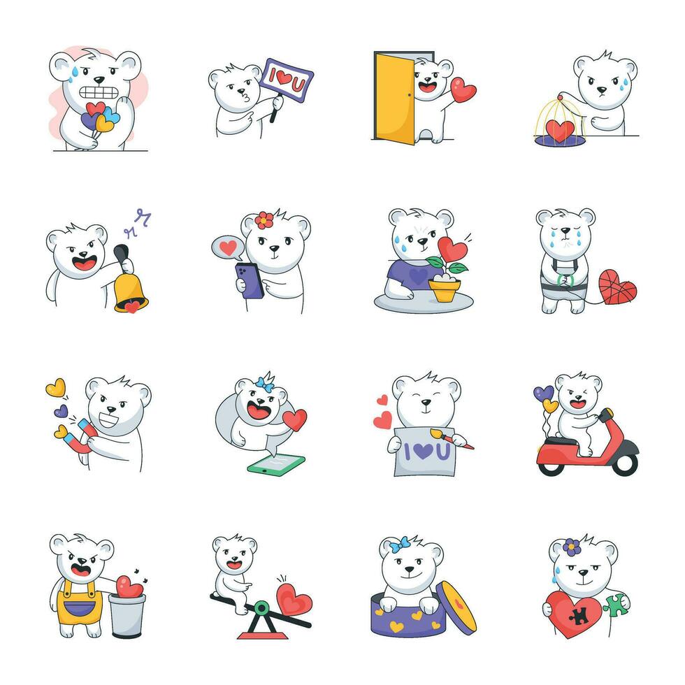 Love Teddy Sticker Set in Flat Style vector