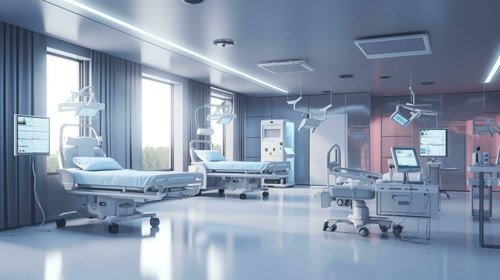 Healthcare Theme 3D Illustration of an Empty Emergency Room. AI Generative photo