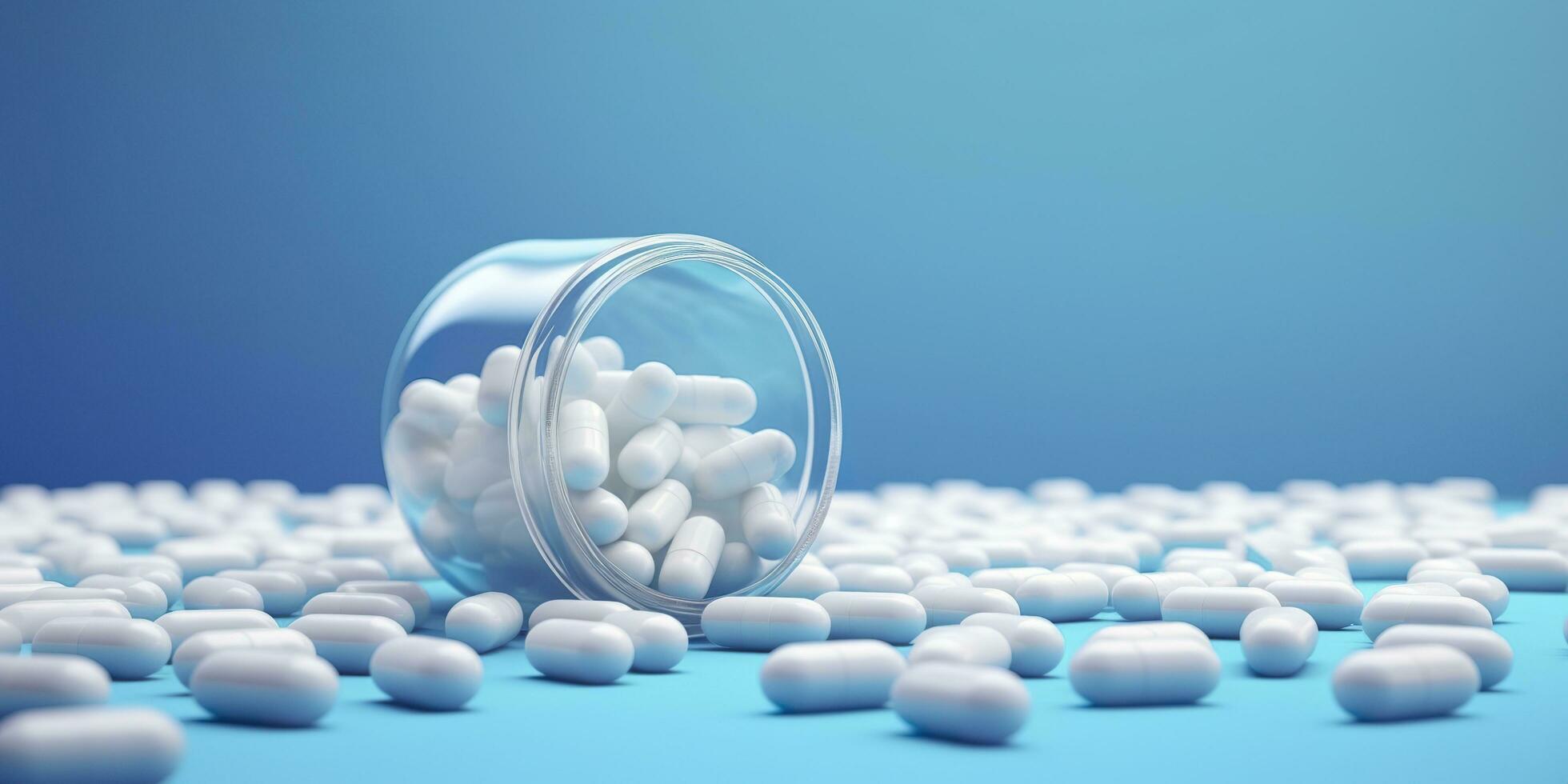 White pills from plastic medicine bottles on blue background with copy space. Medicine and health concept. 3d rendering. AI Generative photo