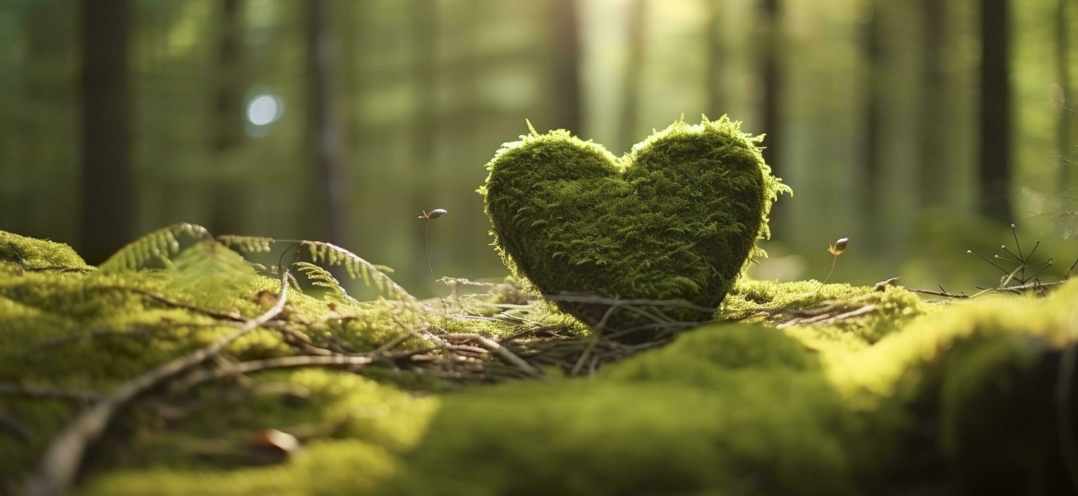 Closeup of wooden heart on moss. Natural burial grave in the woods. Generative AI photo