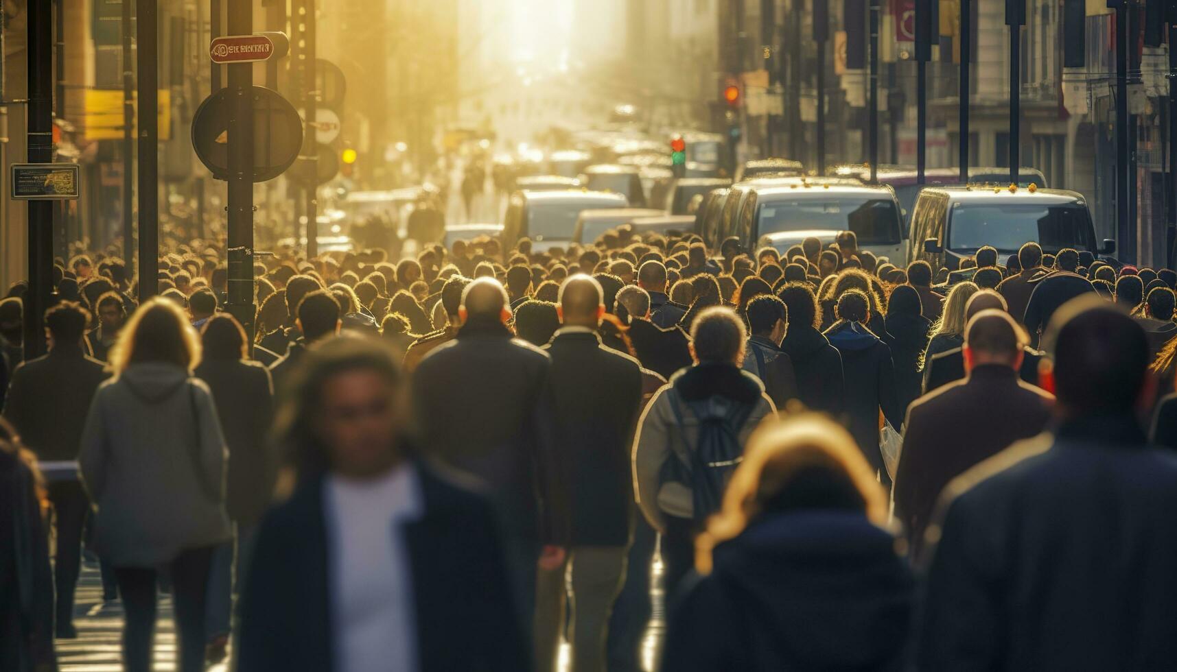 Crowd of people walking busy city street backlit. Generative AI photo