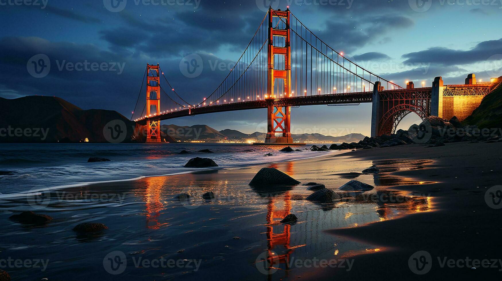 Luminous Reflections Nighttime Glow of a Famous Bridge, Generative AI photo