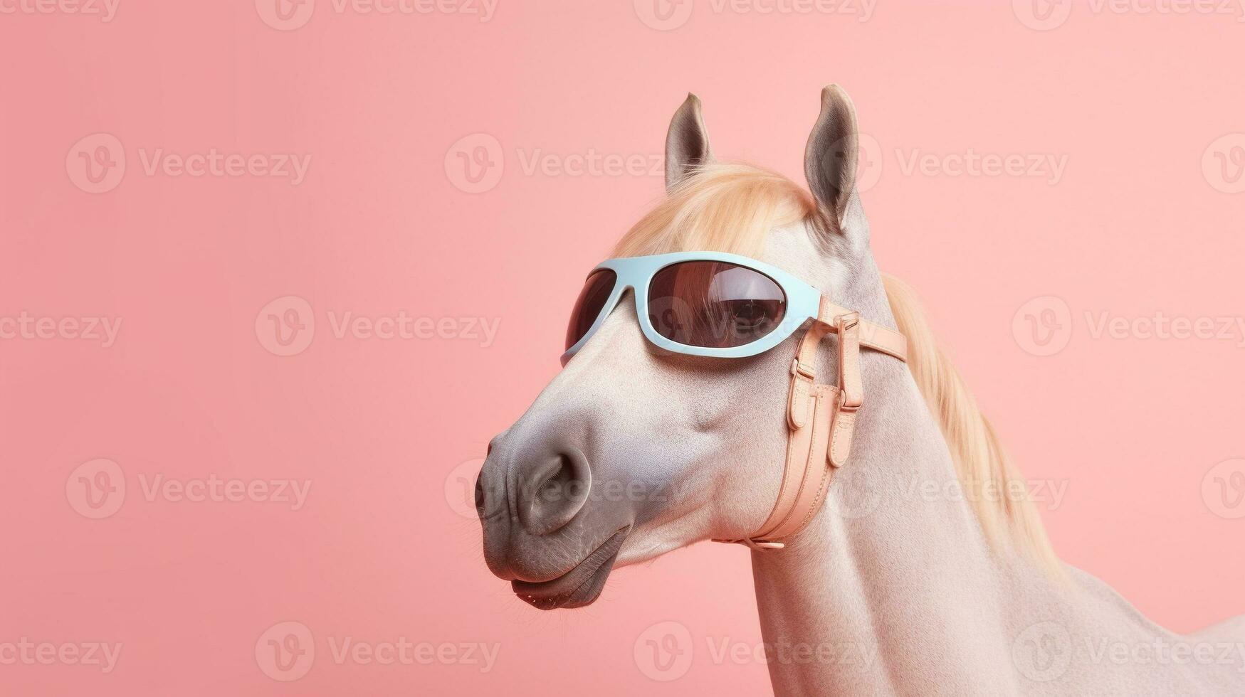 generativo ai, frio equino vibraciones un caballo deportivo elegante Gafas de sol en un pastel antecedentes foto