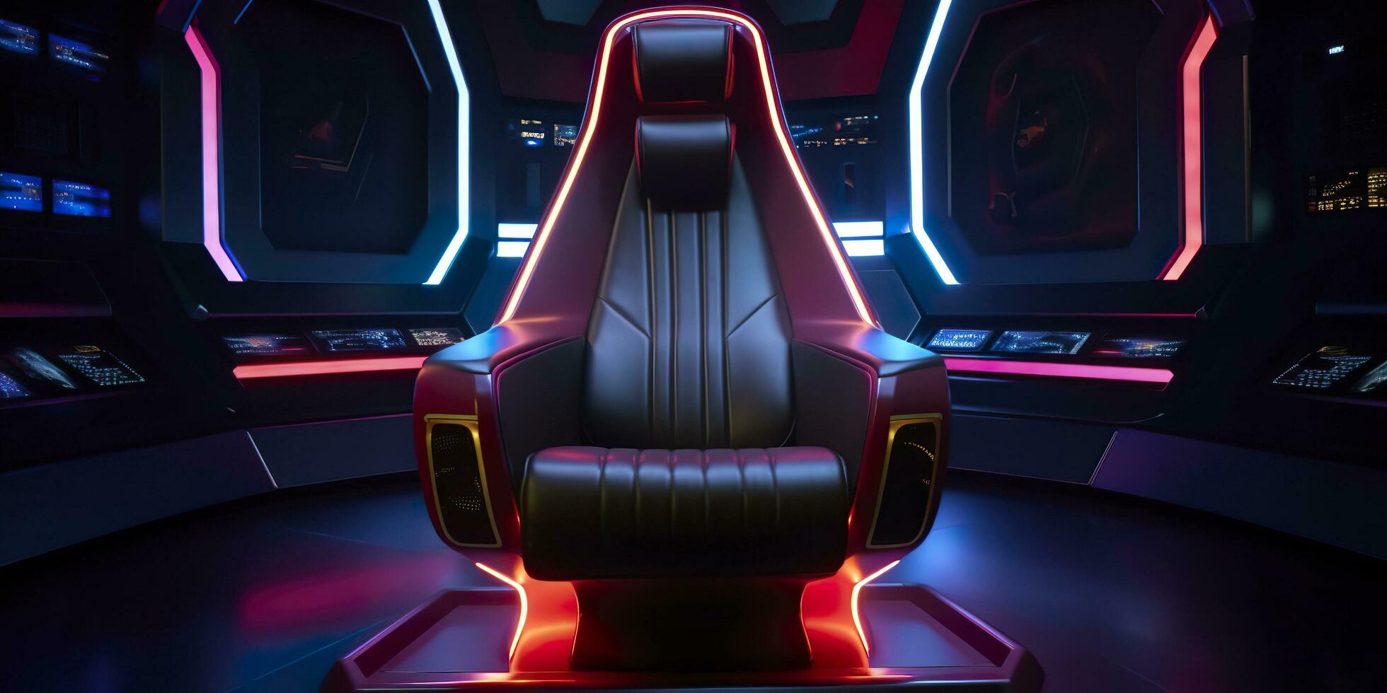 80s Inspired Captain Chair from Star Trek with Neon Lights and Cockpit Interior Background. AI Generative photo