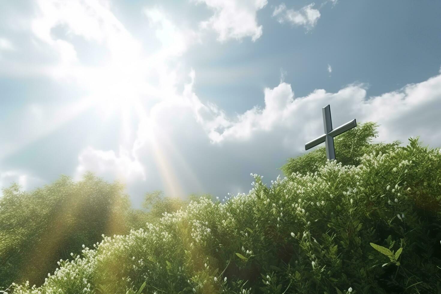 The cross of God with green Leaf, in the rays of the sun and blue sky. Cross on the hill with green trees and graeen natural view. Religious concept, AI Generative photo