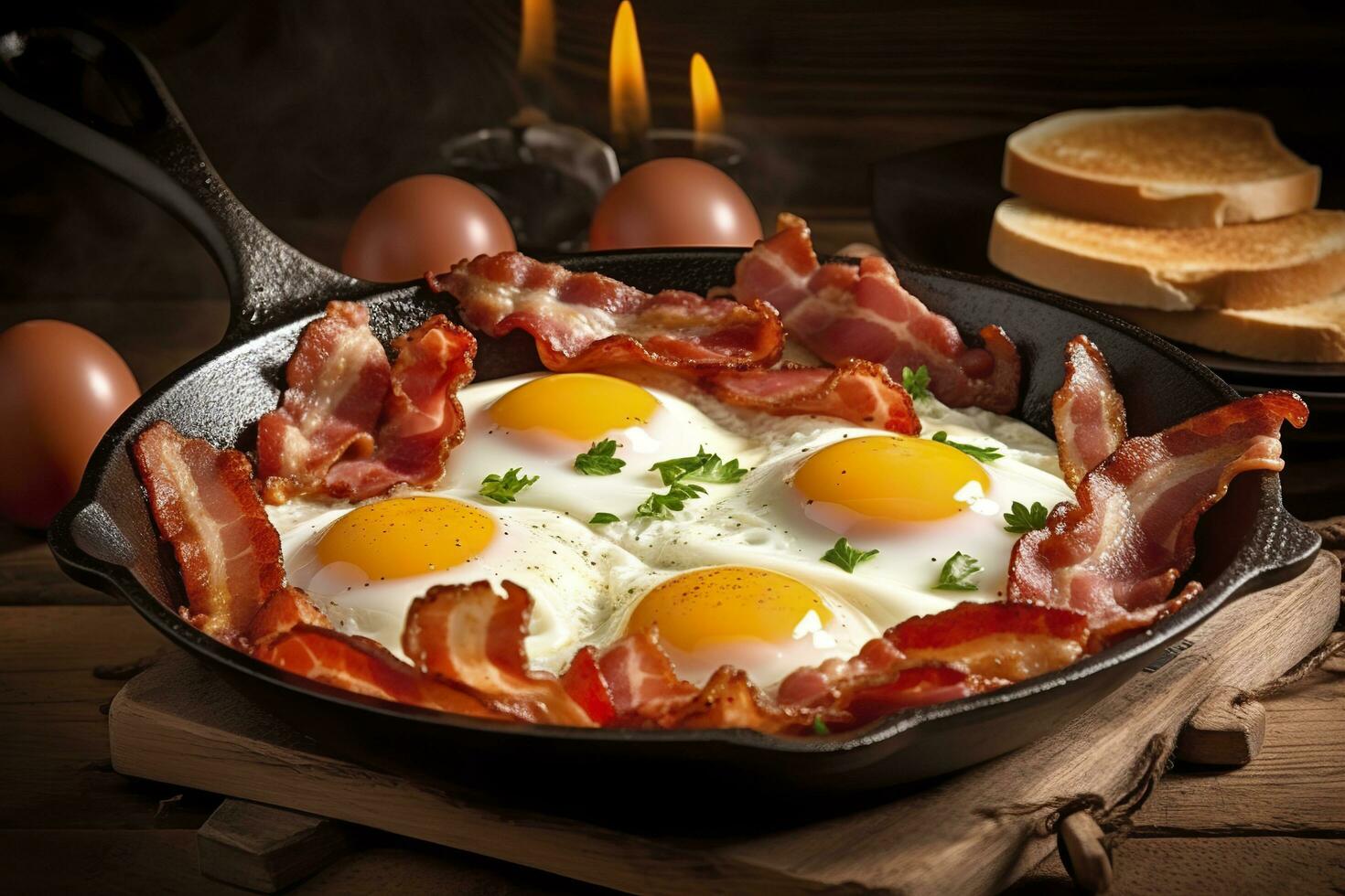 Bacon and eggs in a pan. Composition with tasty fried eggs and bacon on wooden table. AI Generative photo