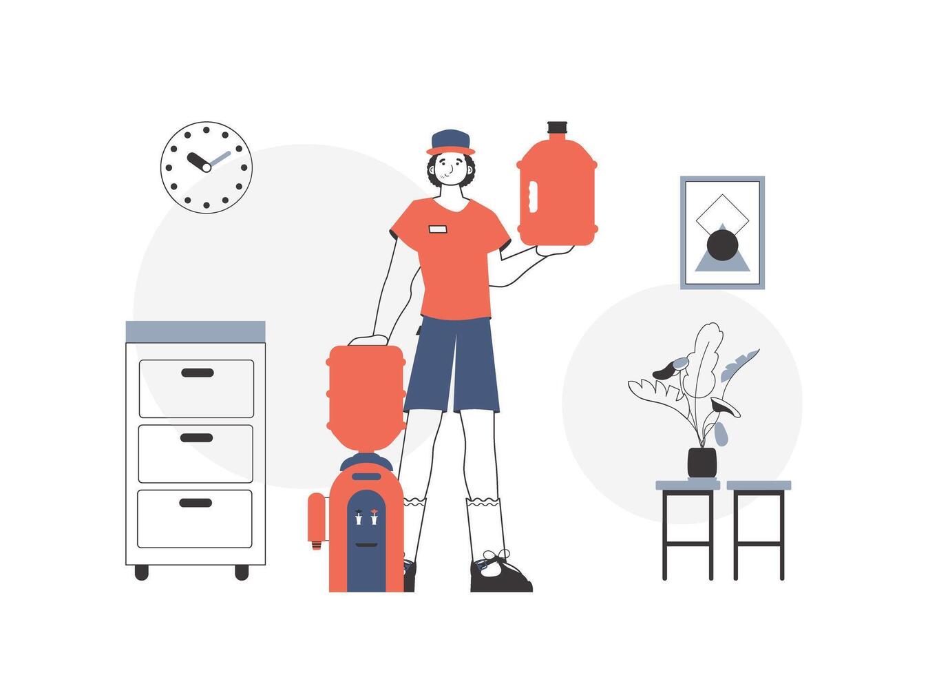 A man holds a bottle of water in his hands. Water delivery concept. Linear trendy style. vector