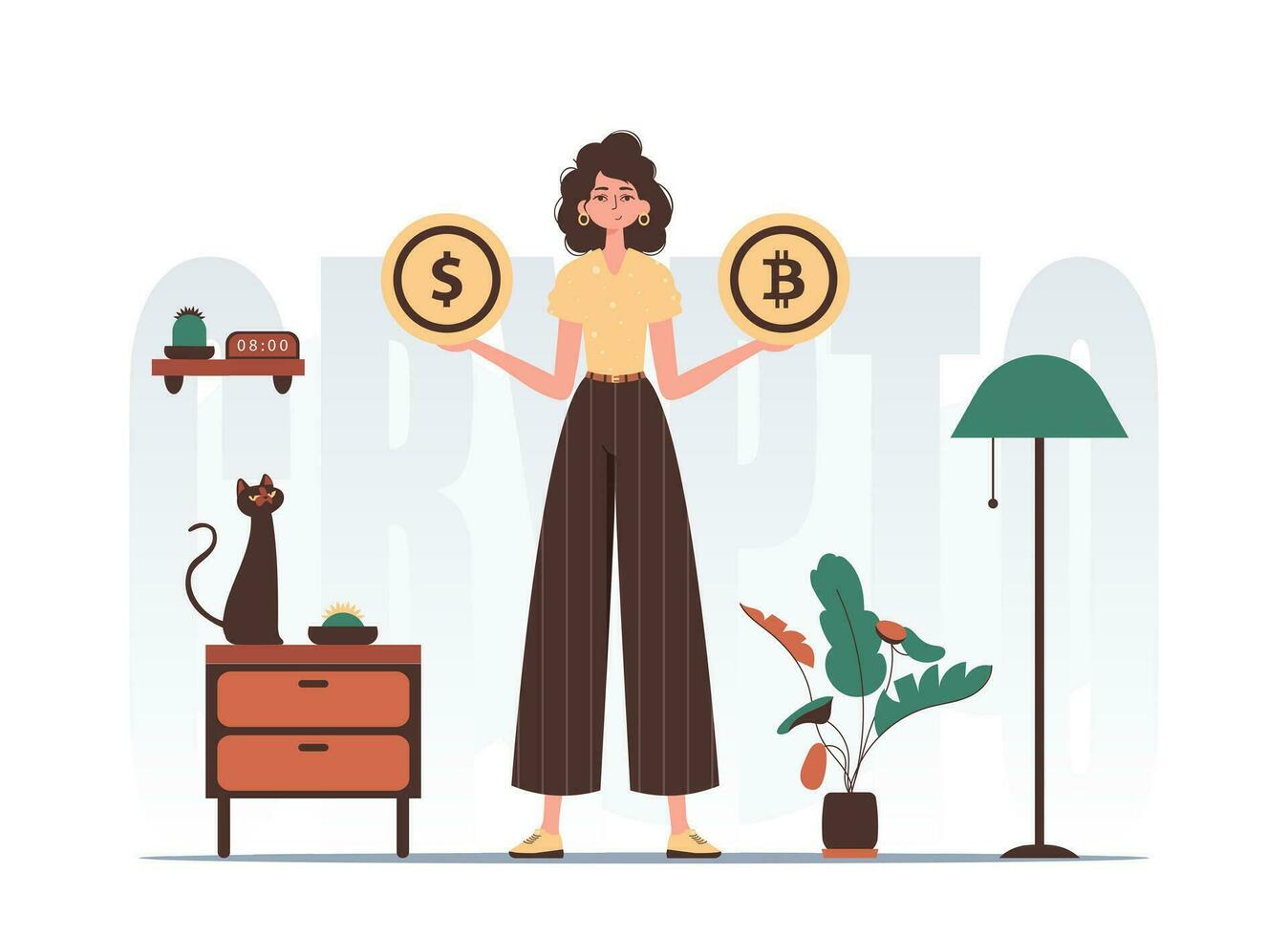 The concept of mining and extraction of bitcoin. A woman holds a coin of bitcoin and dollar in her hands. Character in modern trendy style. vector