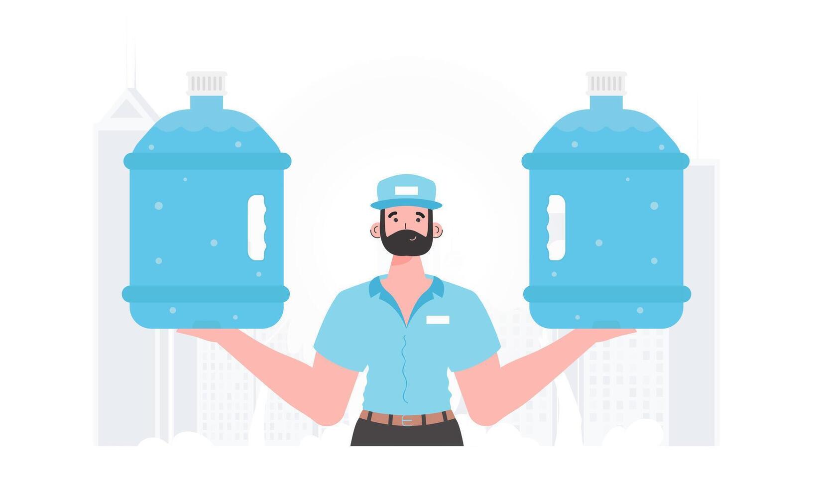 Water delivery concept. The man is holding a large water bottle. Cartoon style character is depicted to the waist. illustration. vector