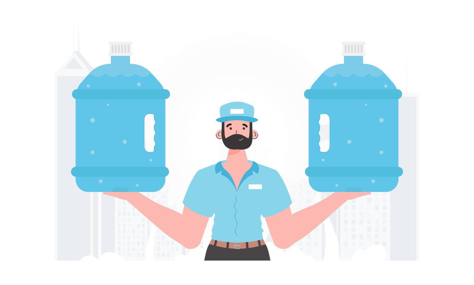 agua entrega concepto. el hombre es participación un grande agua botella. dibujos animados estilo personaje es representado a el cintura. vector ilustración.