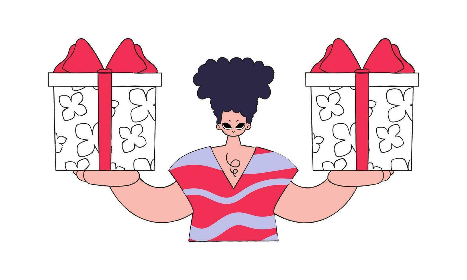 The man is holding gifts. The concept of the holiday and gifts. Character in the style of the 80s and 90s. vector