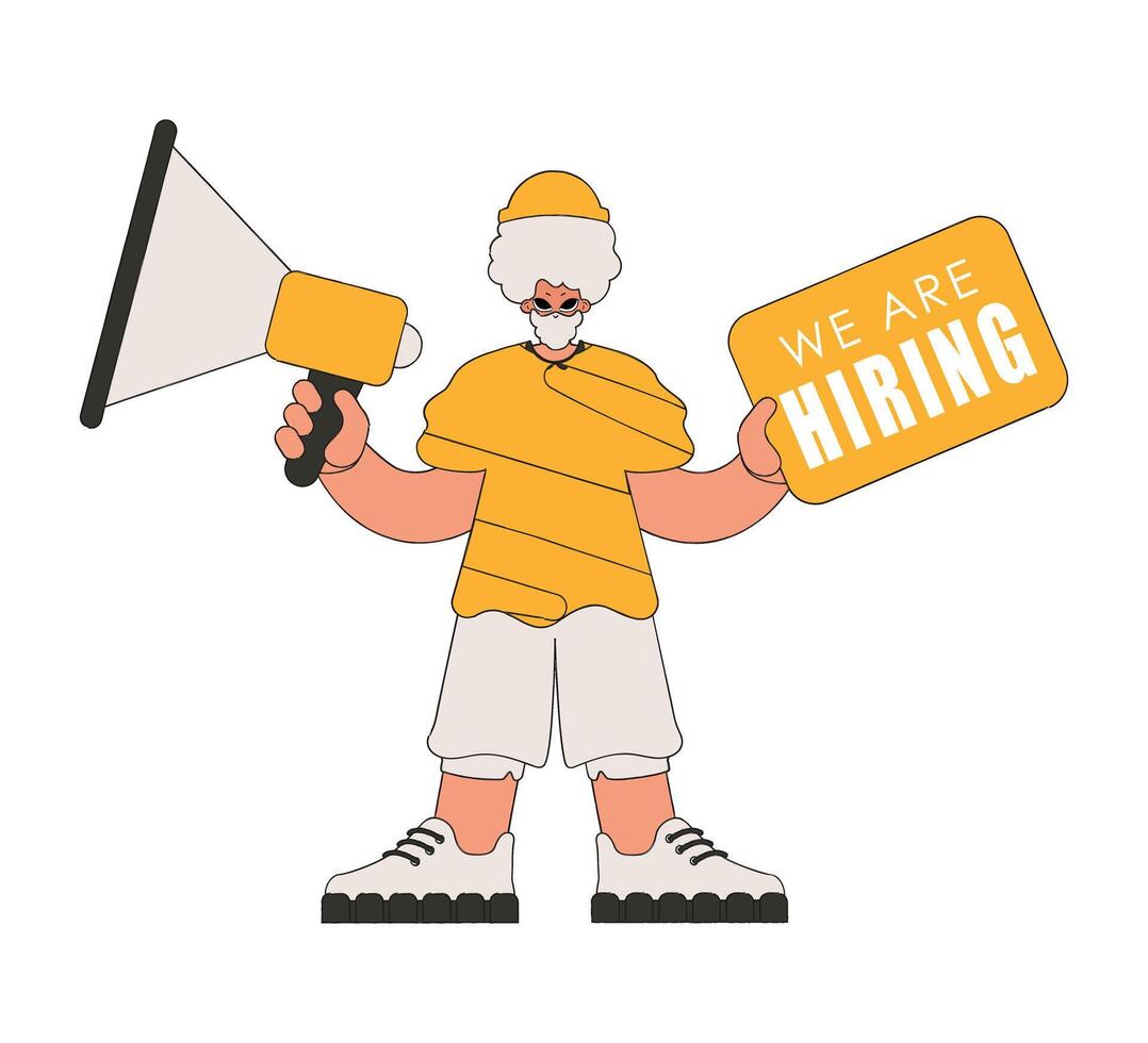 A guy with a megaphone, symbolizing the search for people in the labor market. Human resource and recruitment. vector