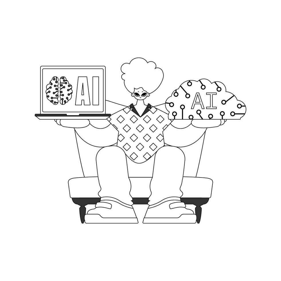 A cartoon man sitting on a chair with a laptop and a cloud vector