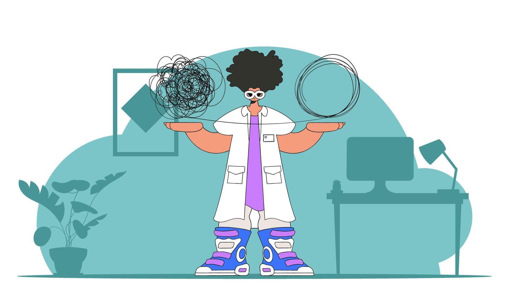 Help concept Man with mental problems. The psychologist doctor unpacks a tangle of thoughts. vector