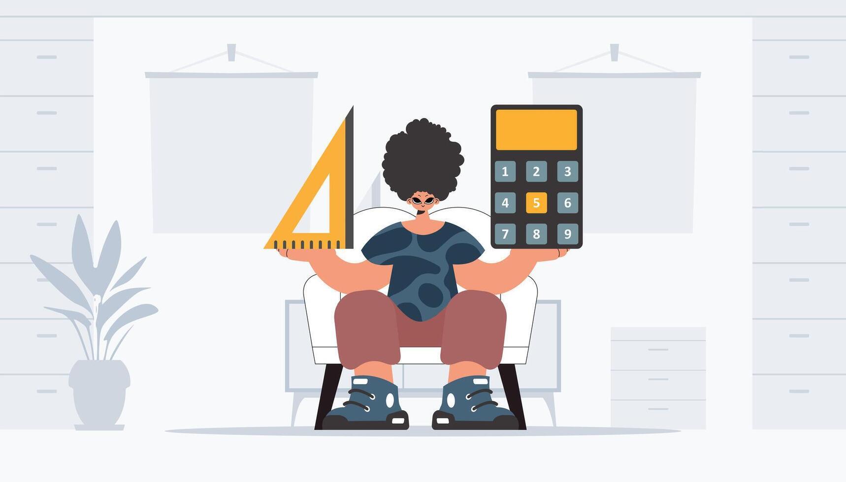 The person is holding a ruler and a calculator, learning subject. Trendy style, Illustration vector