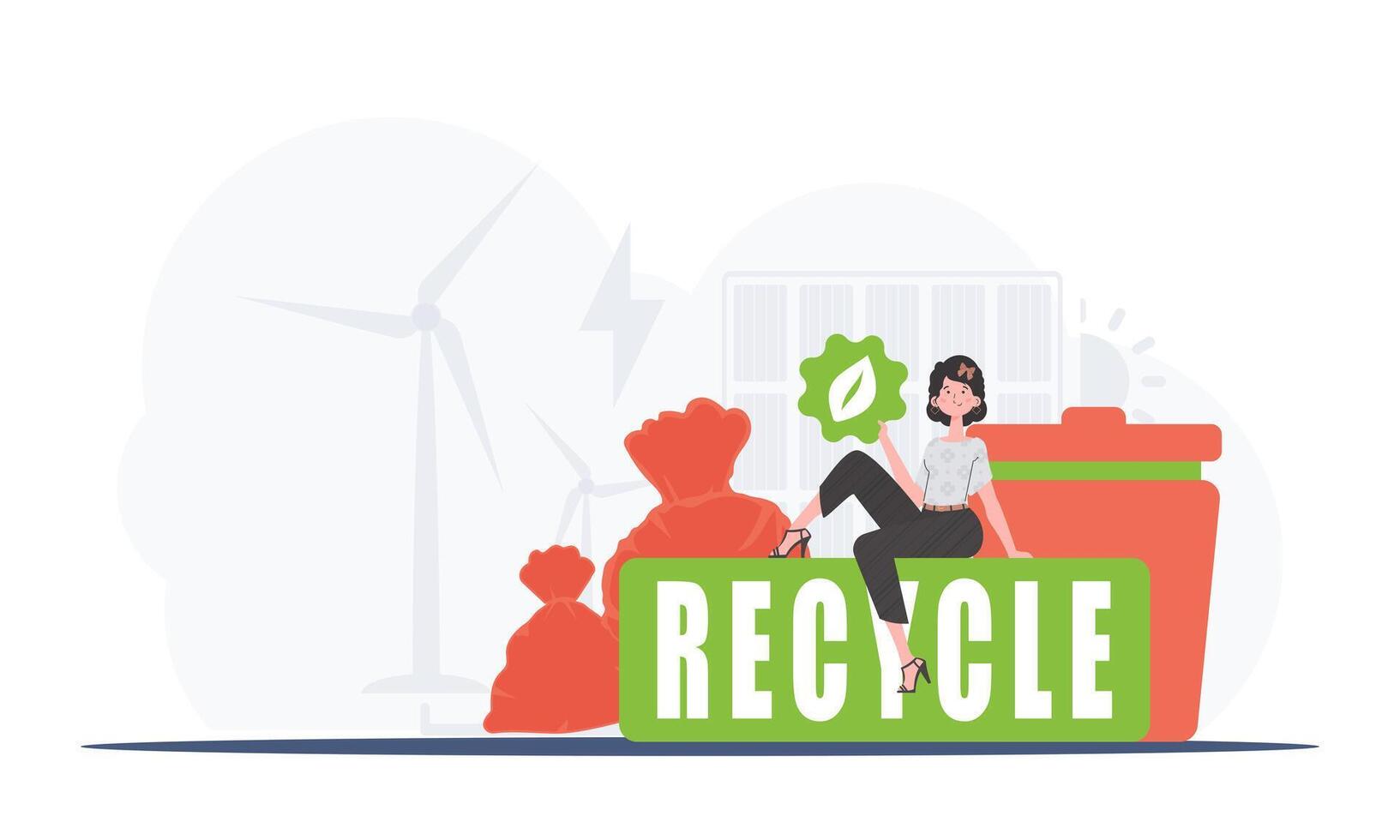A girl sits next to a package of proper food and holds an EKO icon. Ecology and green planet concept. Trend style, illustration. vector