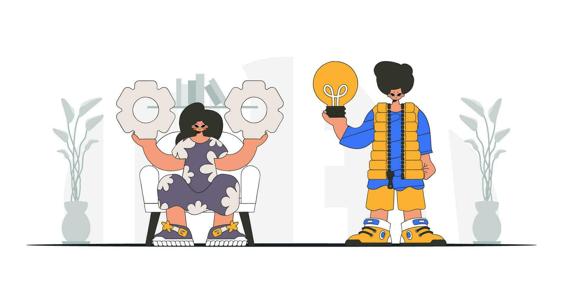 Attractive guy and girl solve problems and generate ideas. Light bulb and gears in their hands. Illustration on the theme of the appearance of an idea. vector