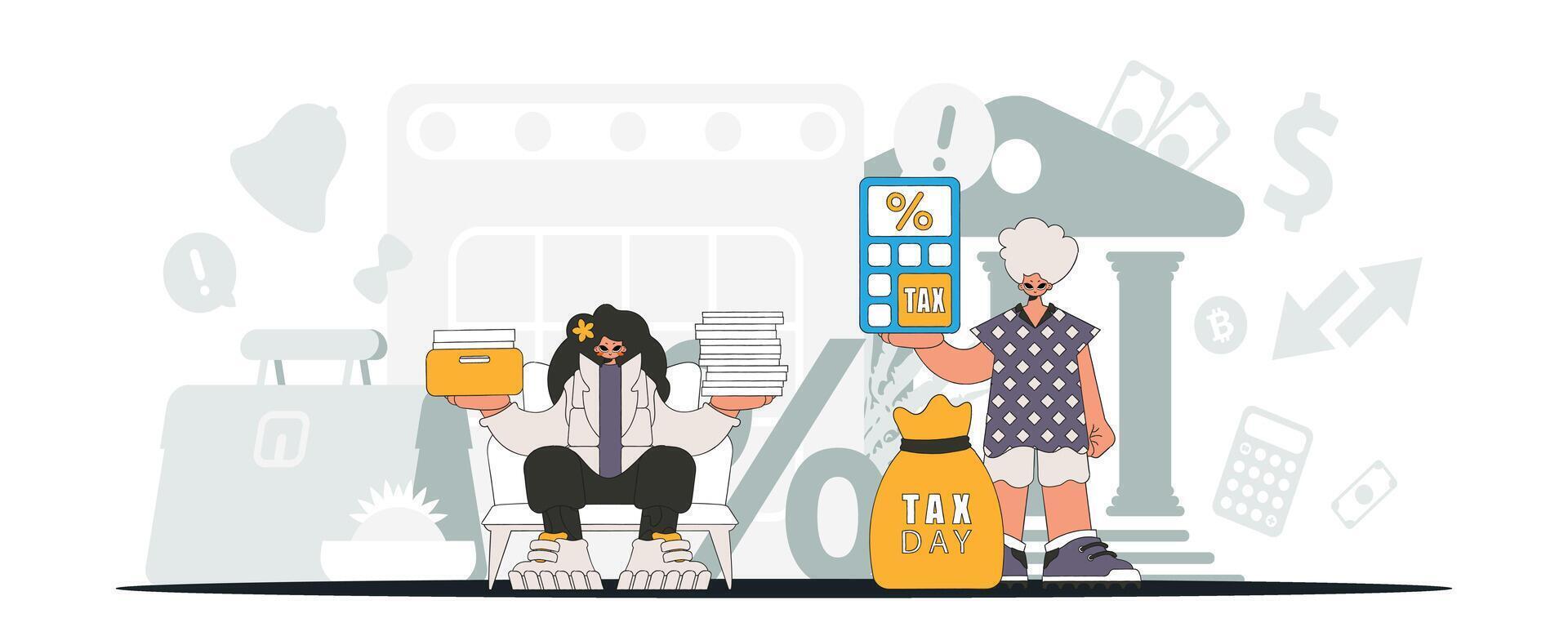 Fashionable girl and guy are engaged in paying taxes. An illustration demonstrating the correct payment of taxes. vector