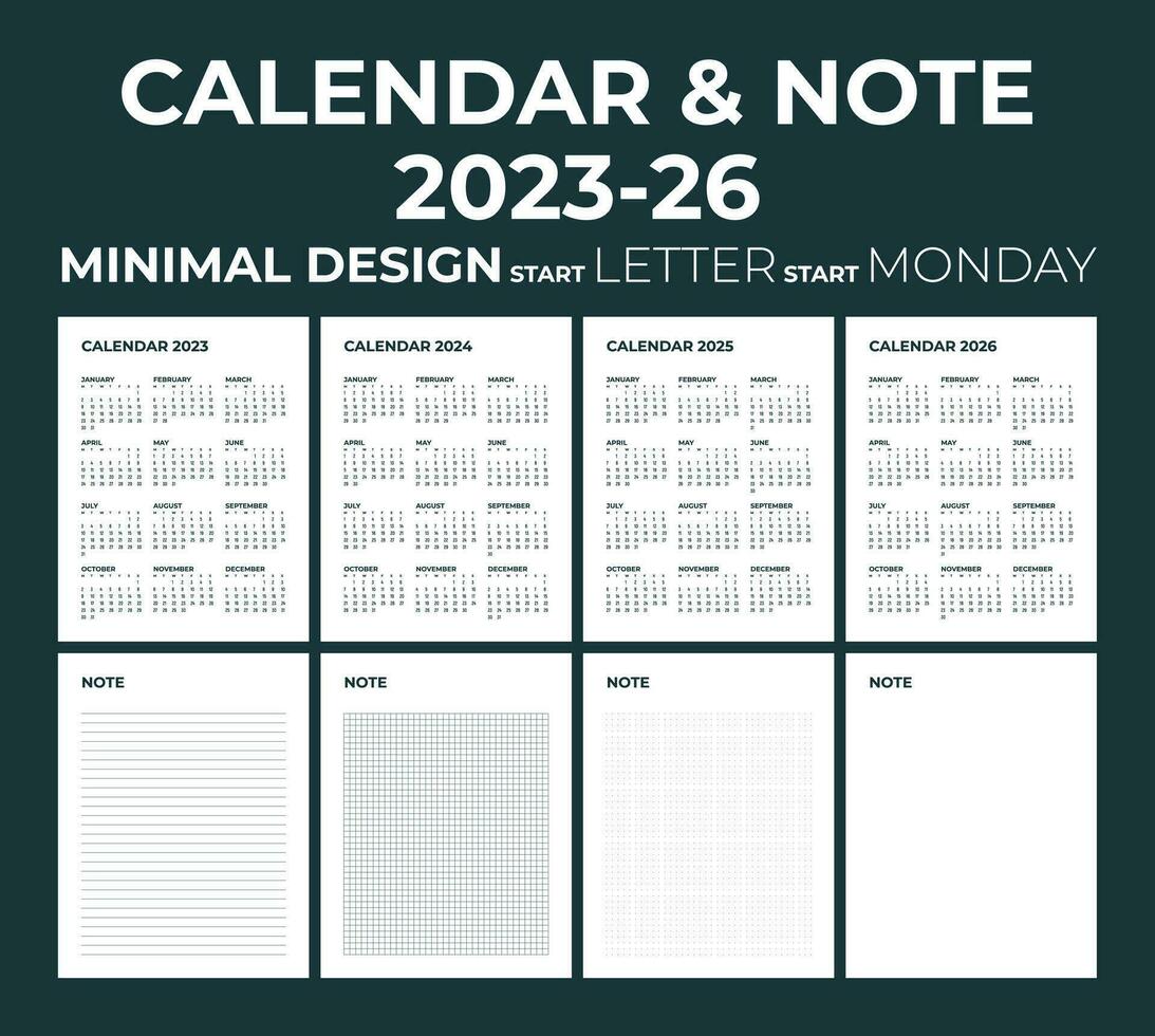 moderno mensual calendario y Nota para 2023, 2024, 2025, 2026, el semana empieza en lunes, calendario en el estilo de minimalista diseño, letra Talla vector