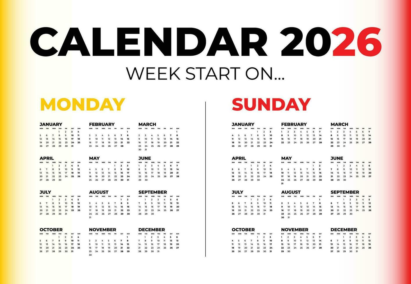 Vector calendar for 2026 on a white background. Week start on Monday and Sunday