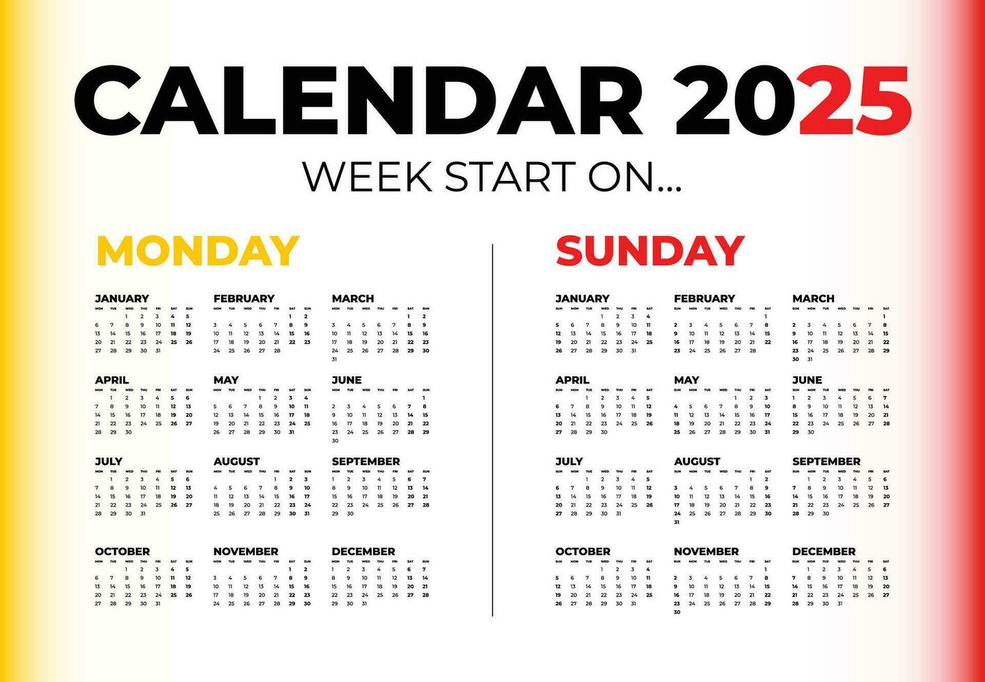 Vector calendar for 2026 on a white background. Week start on Monday and Sunday